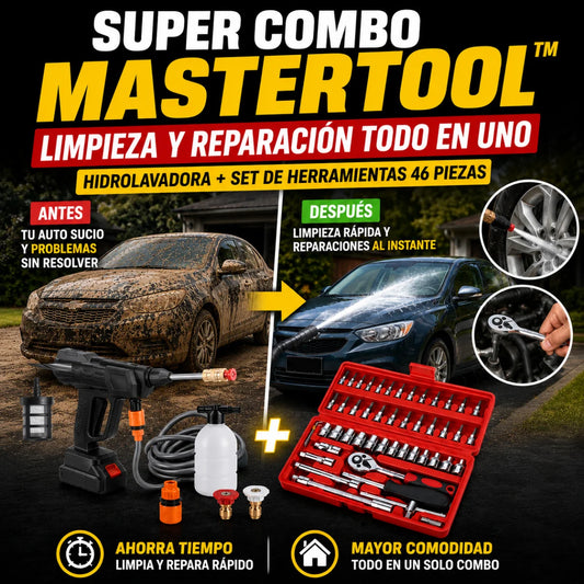 SUPER COMBO MASTERTOOL™ Limpieza y Reparación Todo en Uno (Hidrolavadora + Set de herramientas 46 piezas)